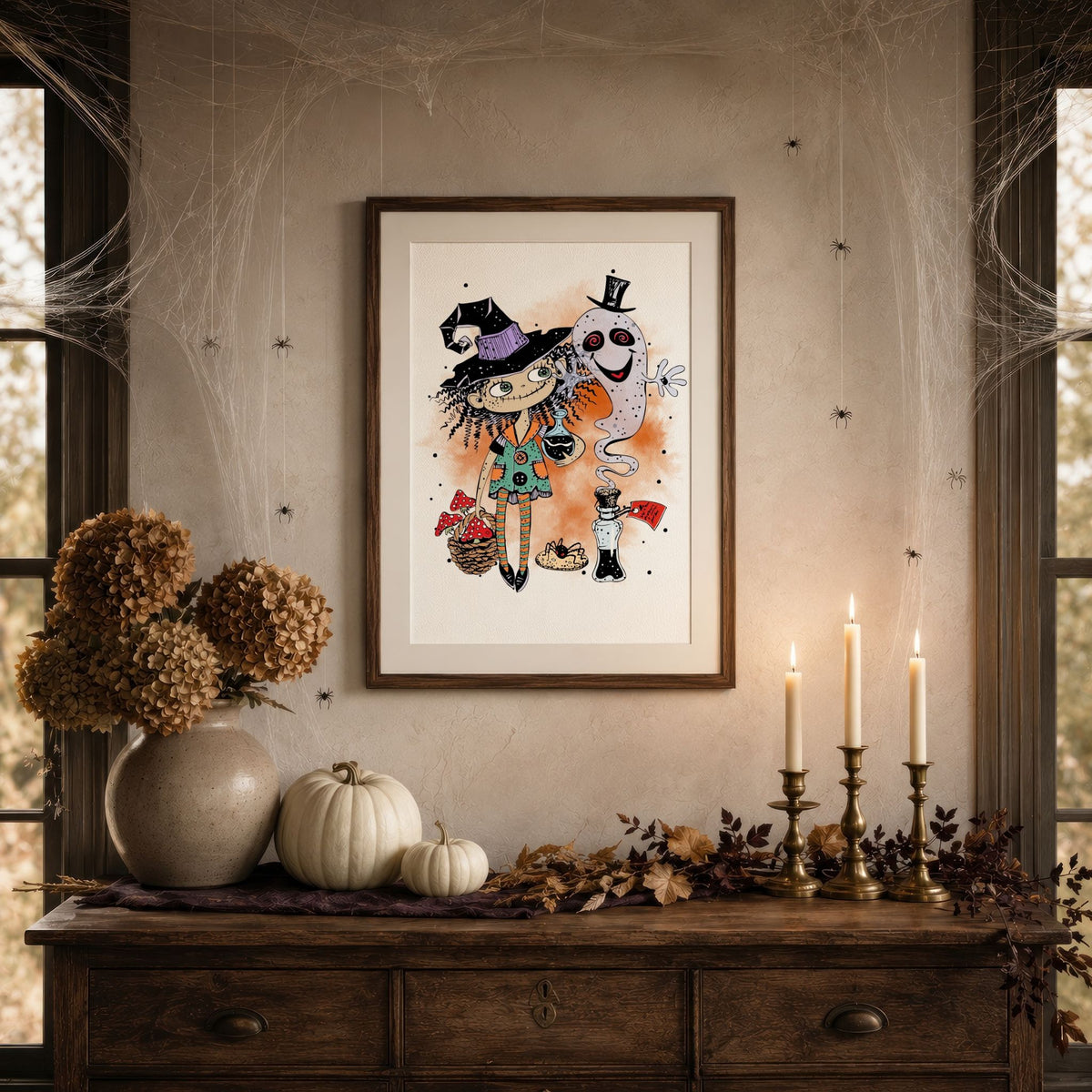Potion & Mischief Halloween-plakat i stemningsfullt høstinteriør med gresskar og levende lys