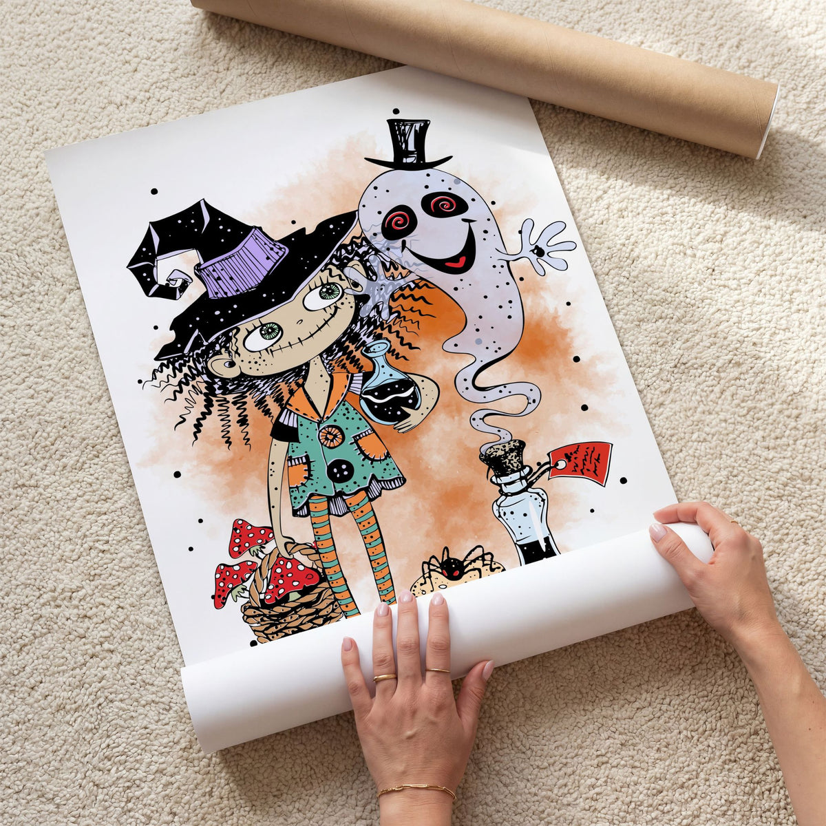 Potion & Mischief Halloween-plakat med heks, spøkelse og trylledrikk vist som kunsttrykk