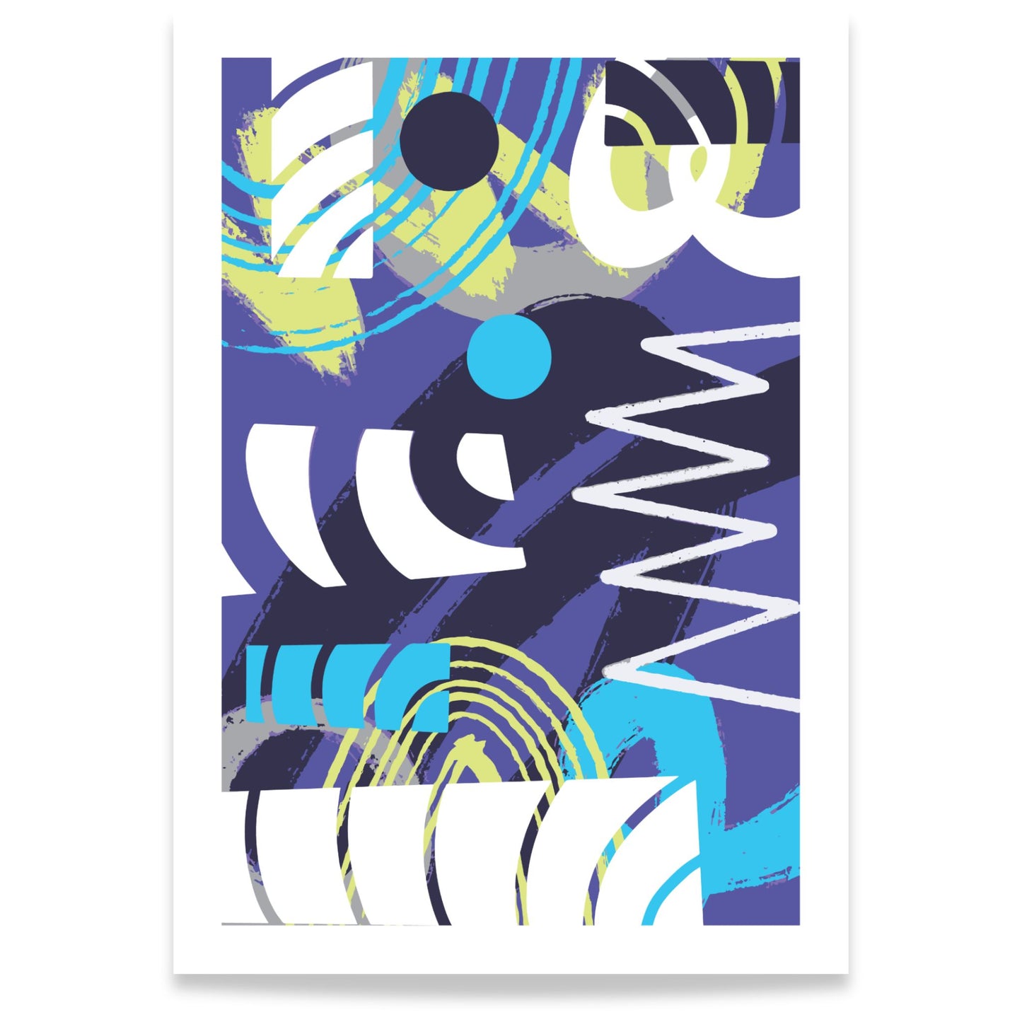 Pulse Motion abstrakt plakat med grafiske former i blått, lilla og turkis på lys bakgrunn 21x30