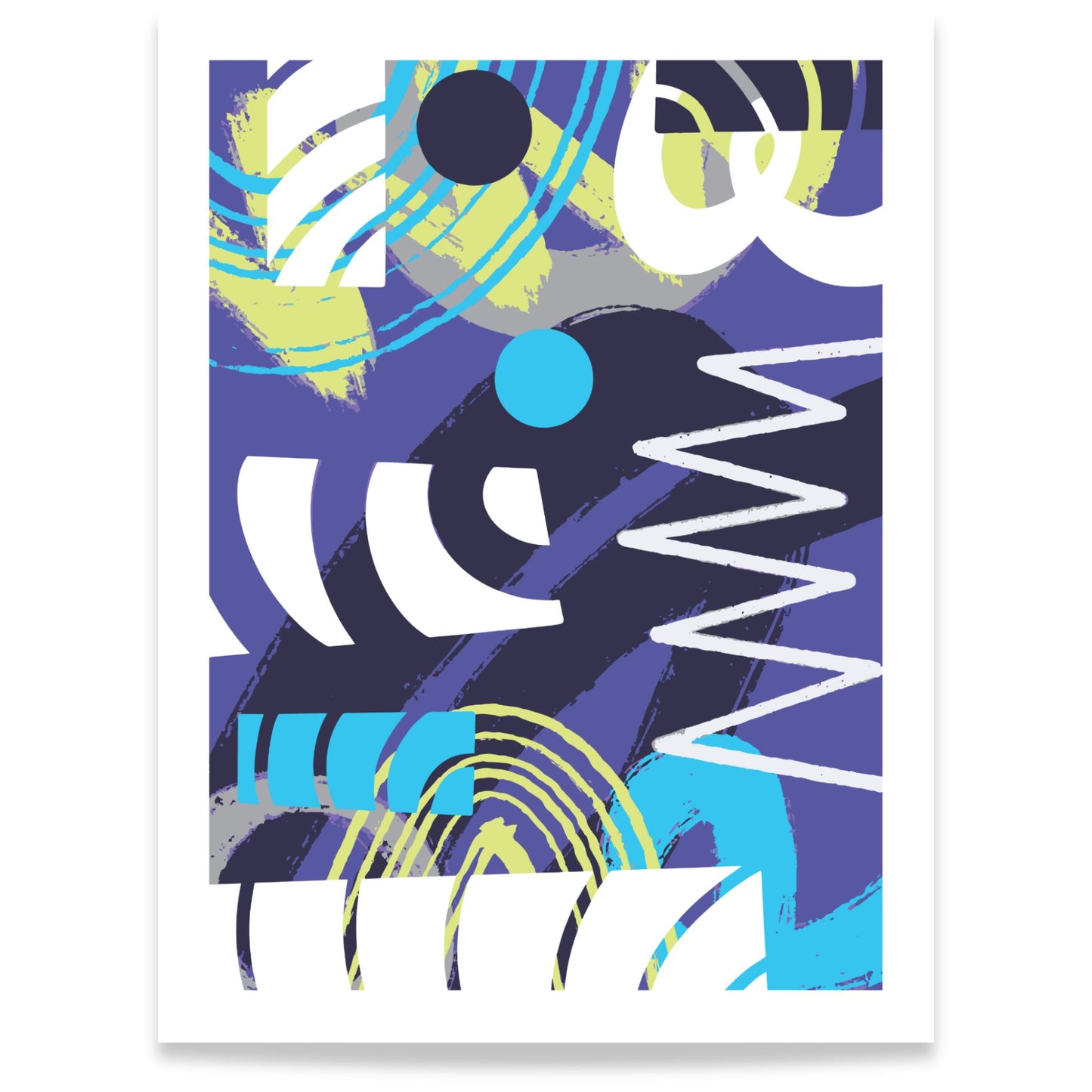 Pulse Motion abstrakt plakat med grafiske former i blått, lilla og turkis på lys bakgrunn 30x40