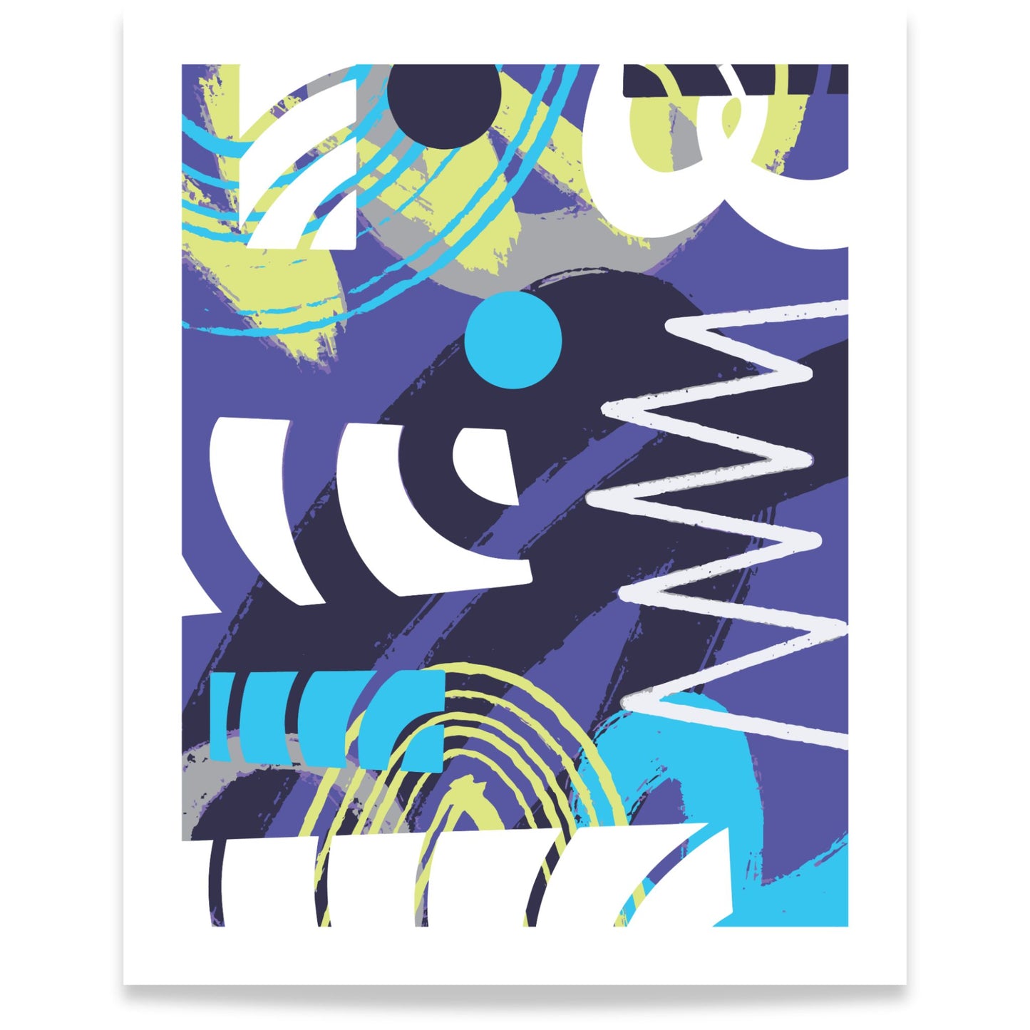 Pulse Motion abstrakt plakat med grafiske former i blått, lilla og turkis på lys bakgrunn 40x50