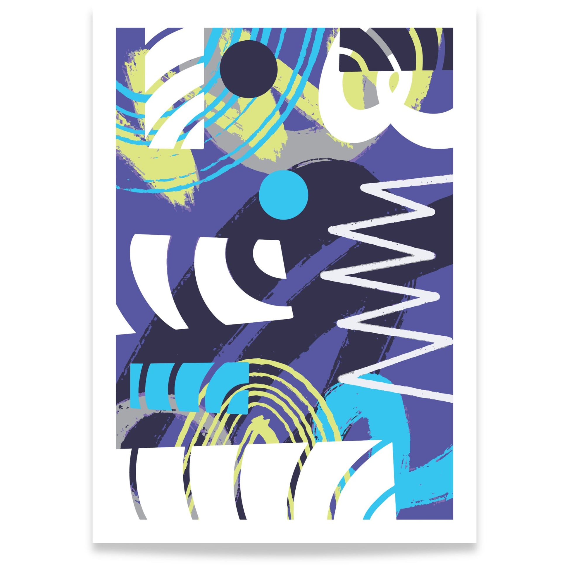 Pulse Motion abstrakt plakat med grafiske former i blått, lilla og turkis på lys bakgrunn 50x70