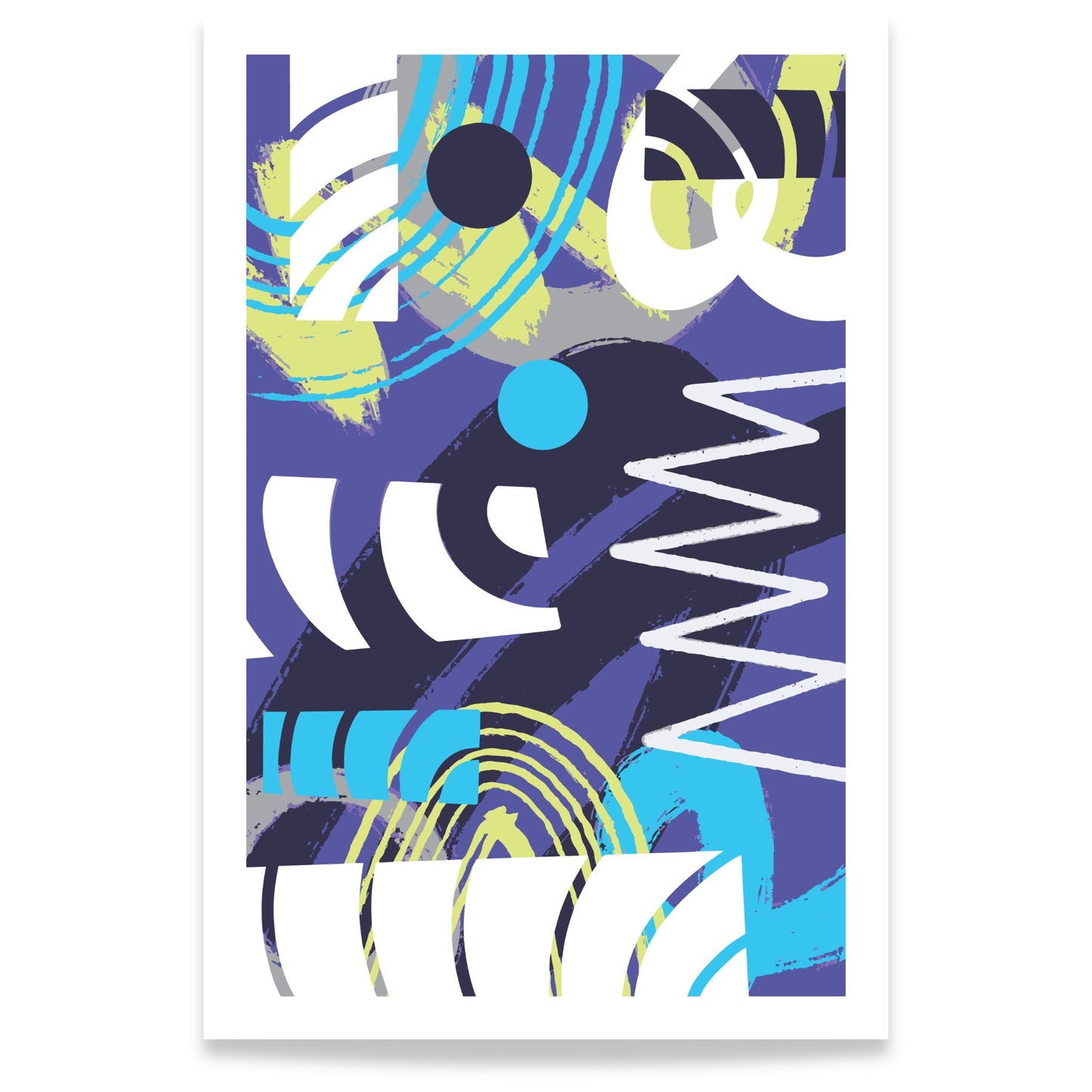 Pulse Motion abstrakt plakat med grafiske former i blått, lilla og turkis på lys bakgrunn 80x120
