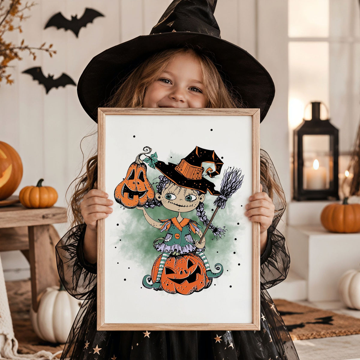 Barn i heksehatt holder Pumpkin Magic Halloween-plakat med heks og gresskar
