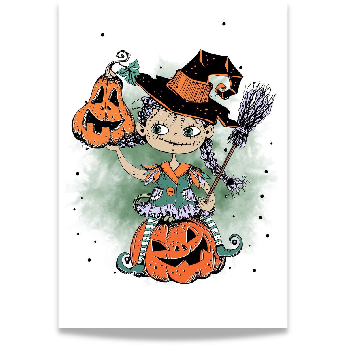 Pumpkin Magic Halloween-plakat med heks, gresskar og sopelime