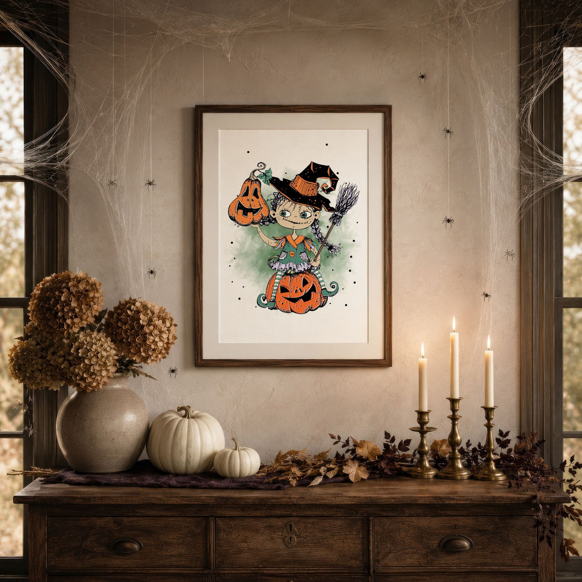 Pumpkin Magic Halloween-plakat i stemningsfullt høstinteriør med gresskar og levende lys