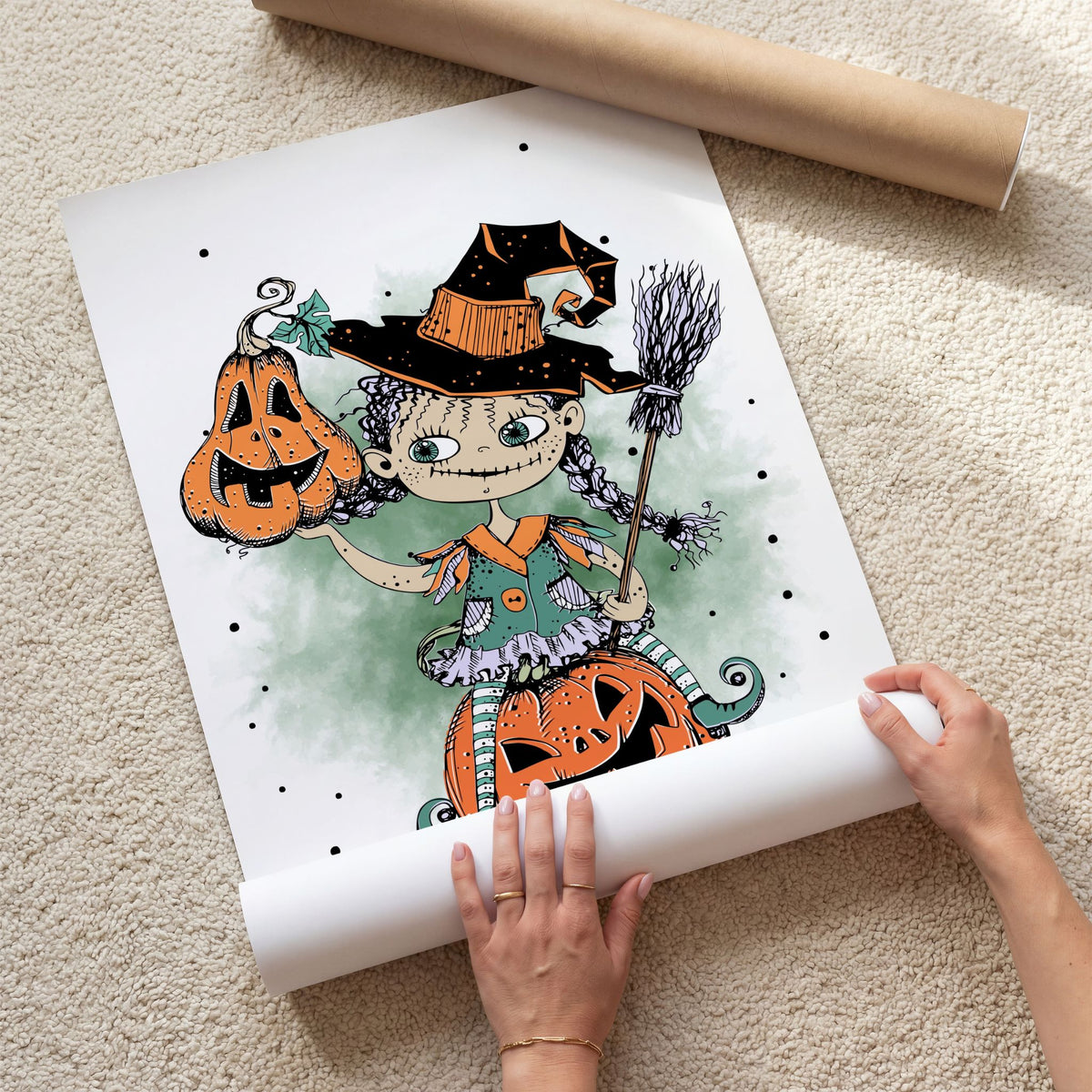 Pumpkin Magic Halloween-plakat med heks, gresskar og sopelime vist som kunsttrykk