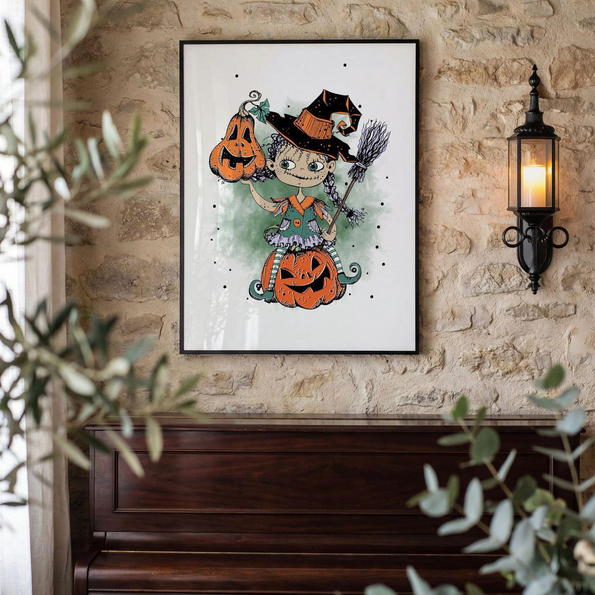 Halloween-plakaten Pumpkin Magic med heks og gresskar på rustikk steinvegg