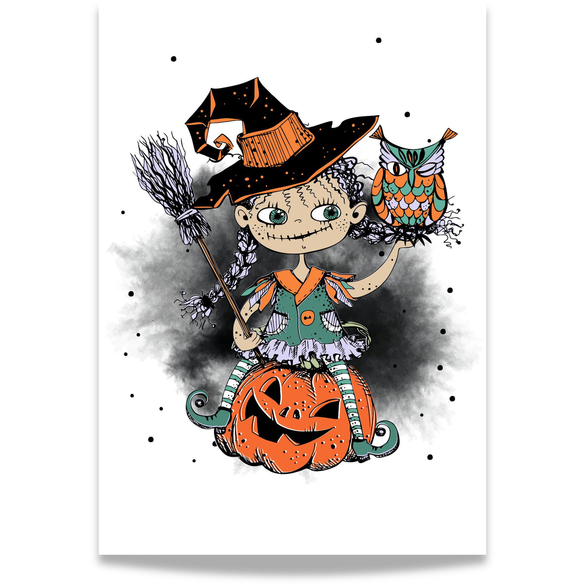 Pumpkin Perch Halloween-plakat med heks, fargerik ugle og gresskar