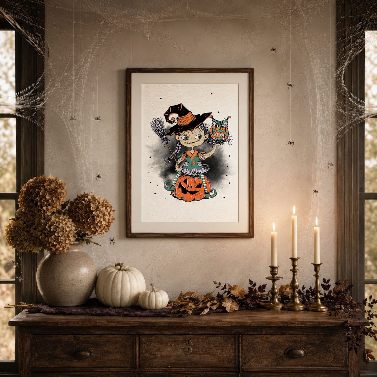 Pumpkin Perch Halloween-plakat i stemningsfullt høstinteriør med gresskar og levende lys