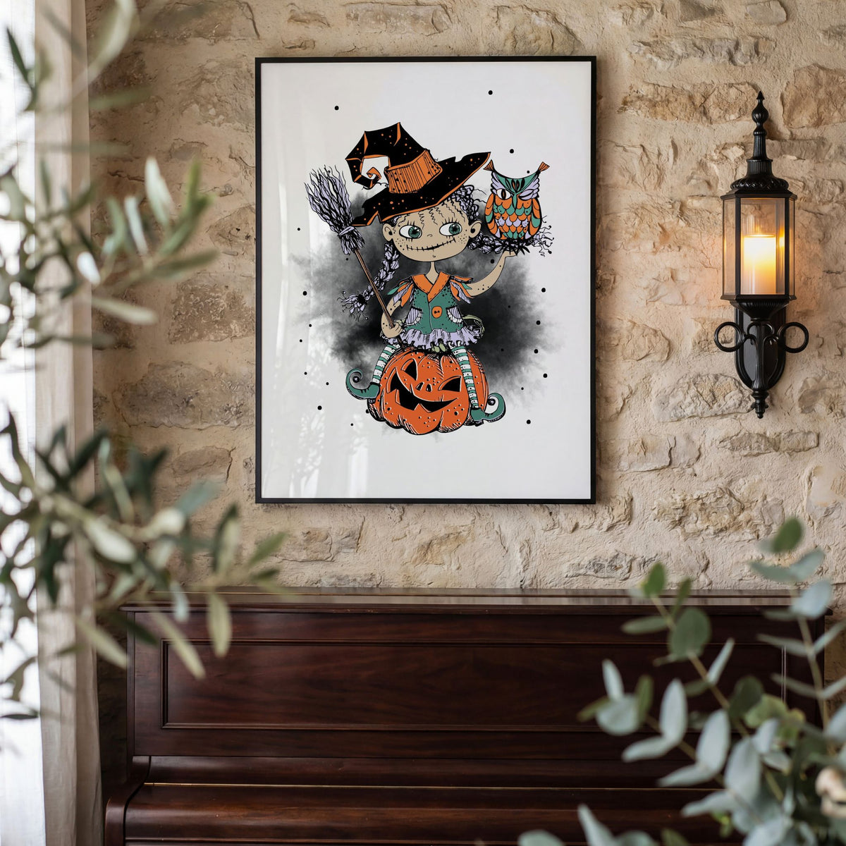 Halloween-plakaten Pumpkin Perch med heks, ugle og gresskar på rustikk steinvegg