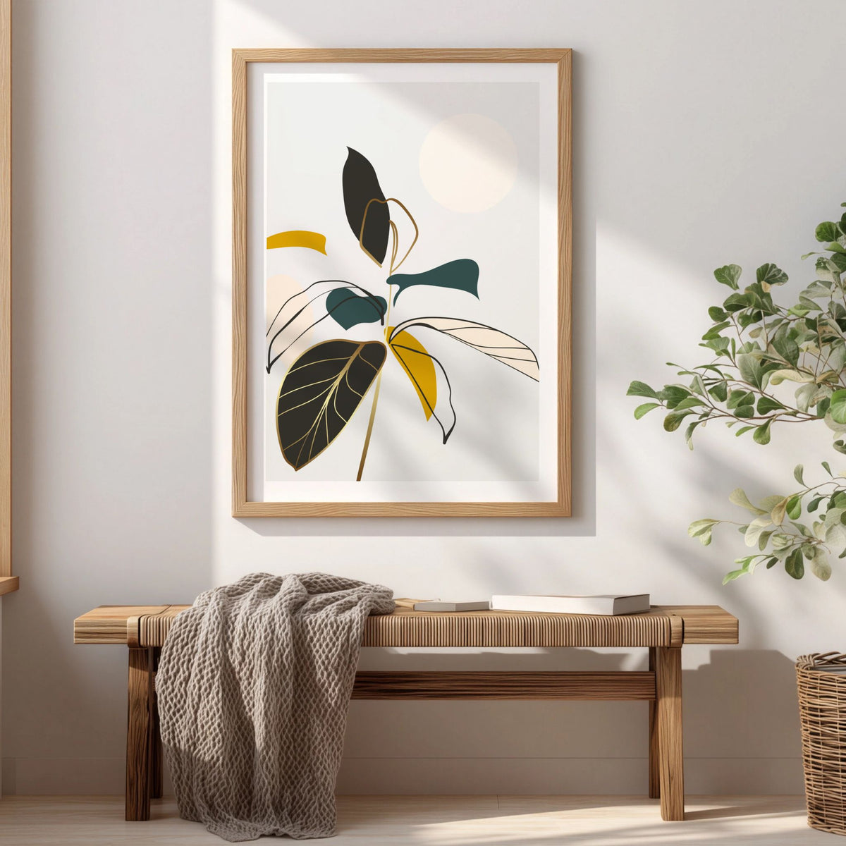 Quiet Bloom grafisk botanisk plakat i eikeramme over trebenk i lyst interiør