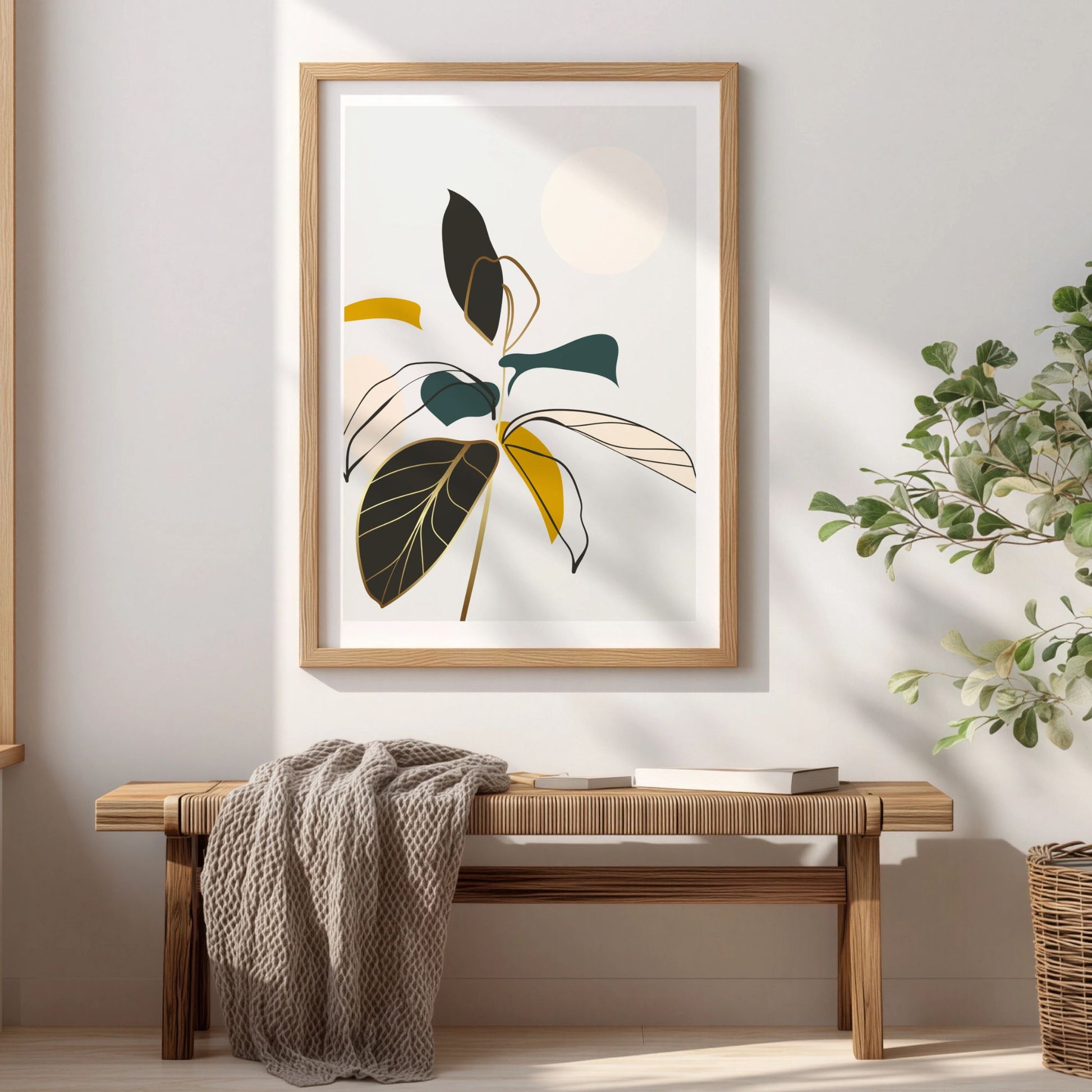 Quiet Bloom grafisk botanisk plakat i eikeramme over trebenk i lyst interiør