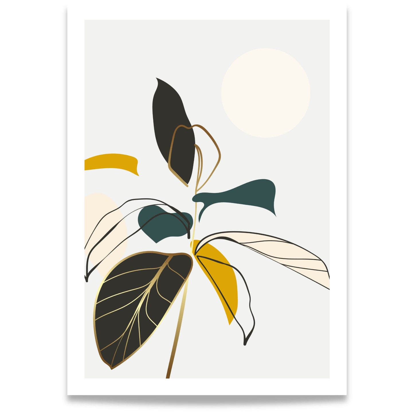 Quiet Bloom grafisk botanisk plakat med organiske bladformer i grønt, sort, oker og krem