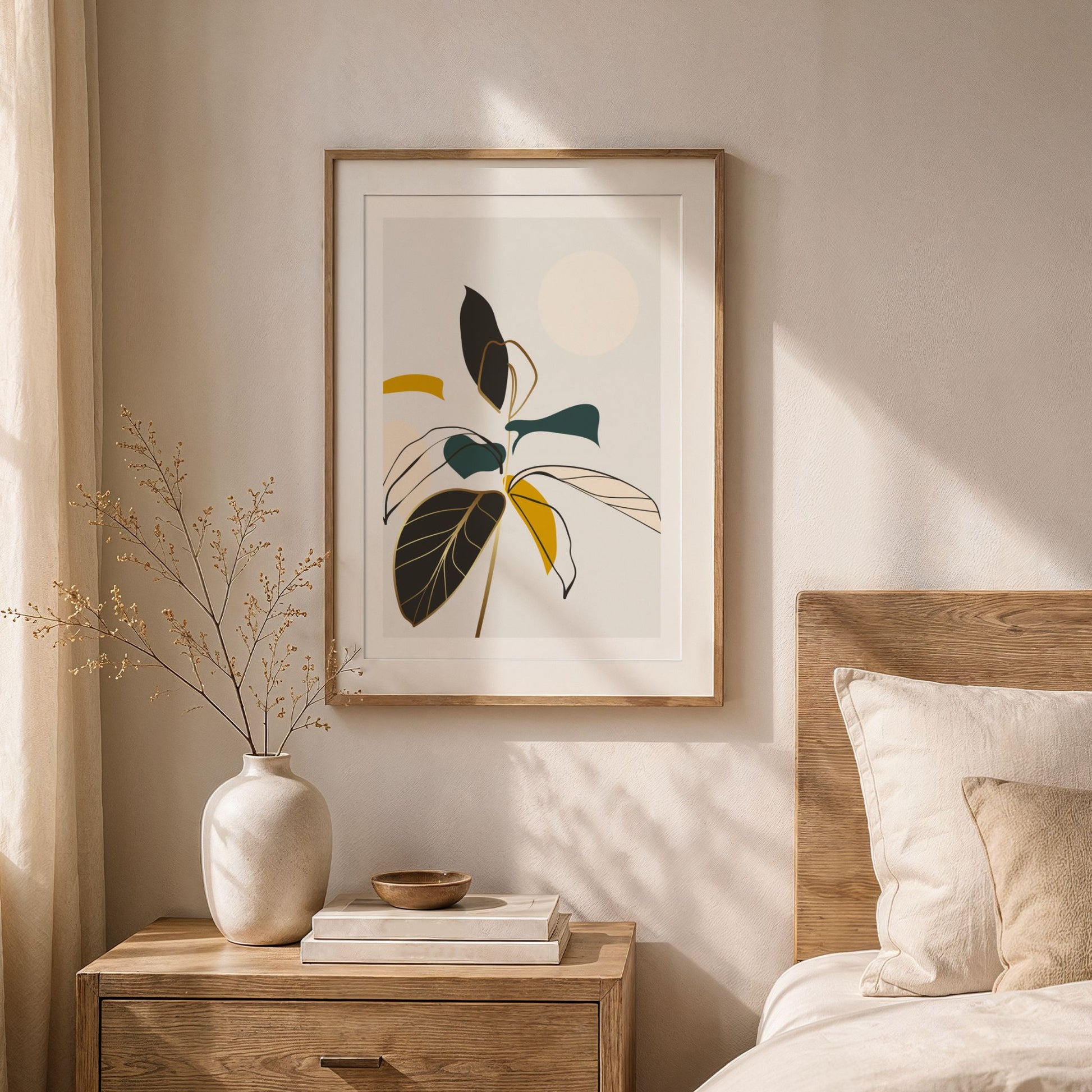 Quiet Bloom grafisk botanisk plakat med sort ramme i moderne interiør