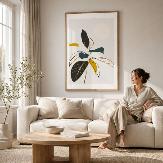 Quiet Bloom botanisk plakat i eikeramme over lys sofa i moderne stue