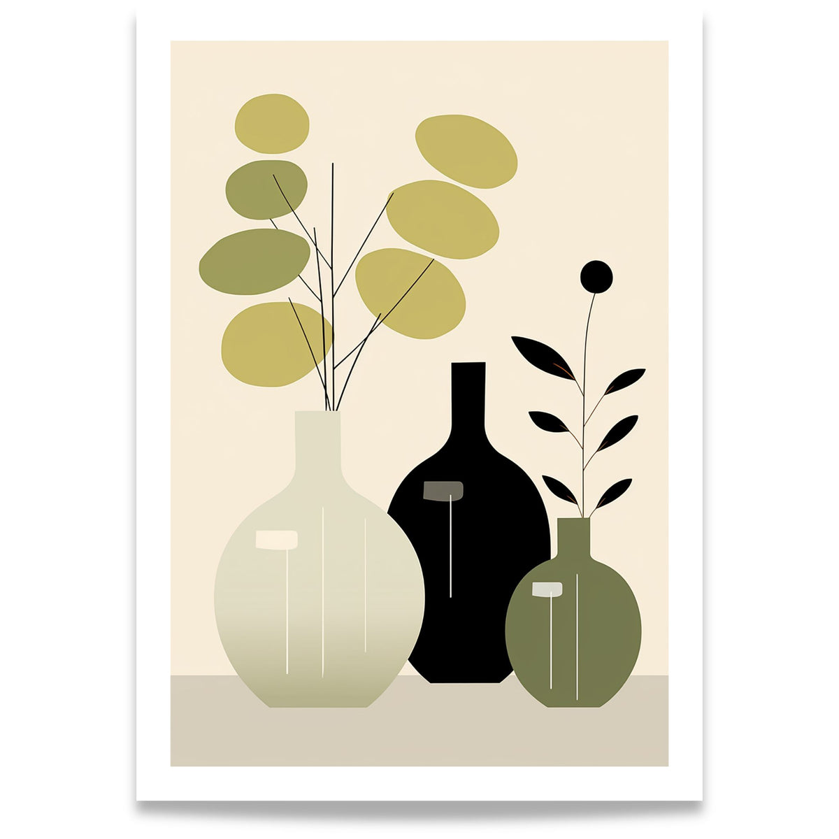 Quiet Botanicals – minimalistisk botanisk plakat med vaser og planteformer i grønt, beige og sort