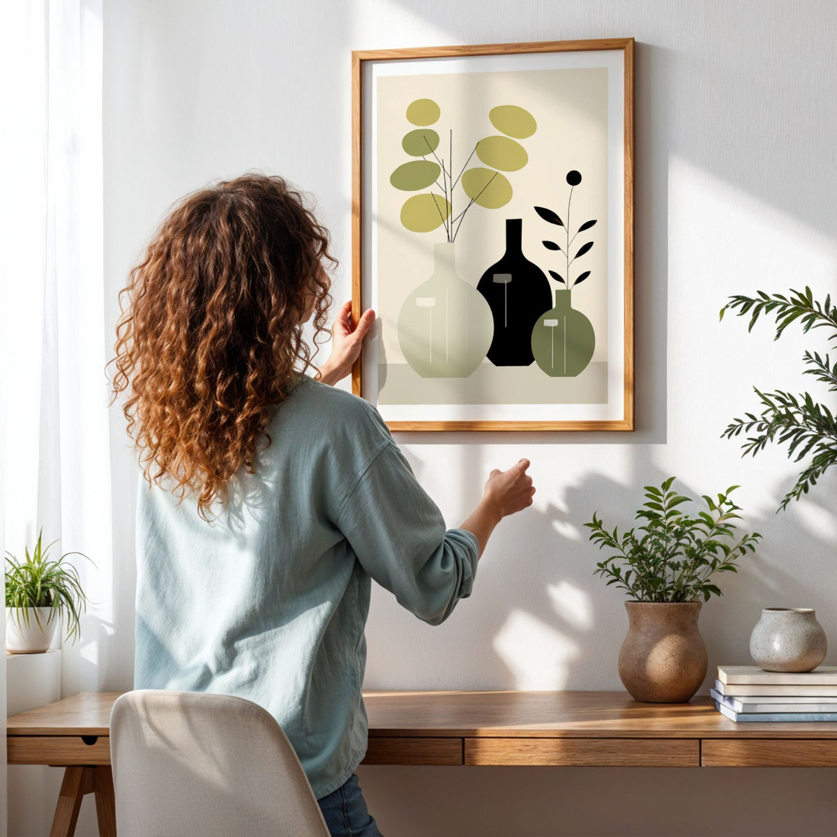 Quiet Botanicals grafisk plakat i eikeramme med grønne kvister i lyst interiør