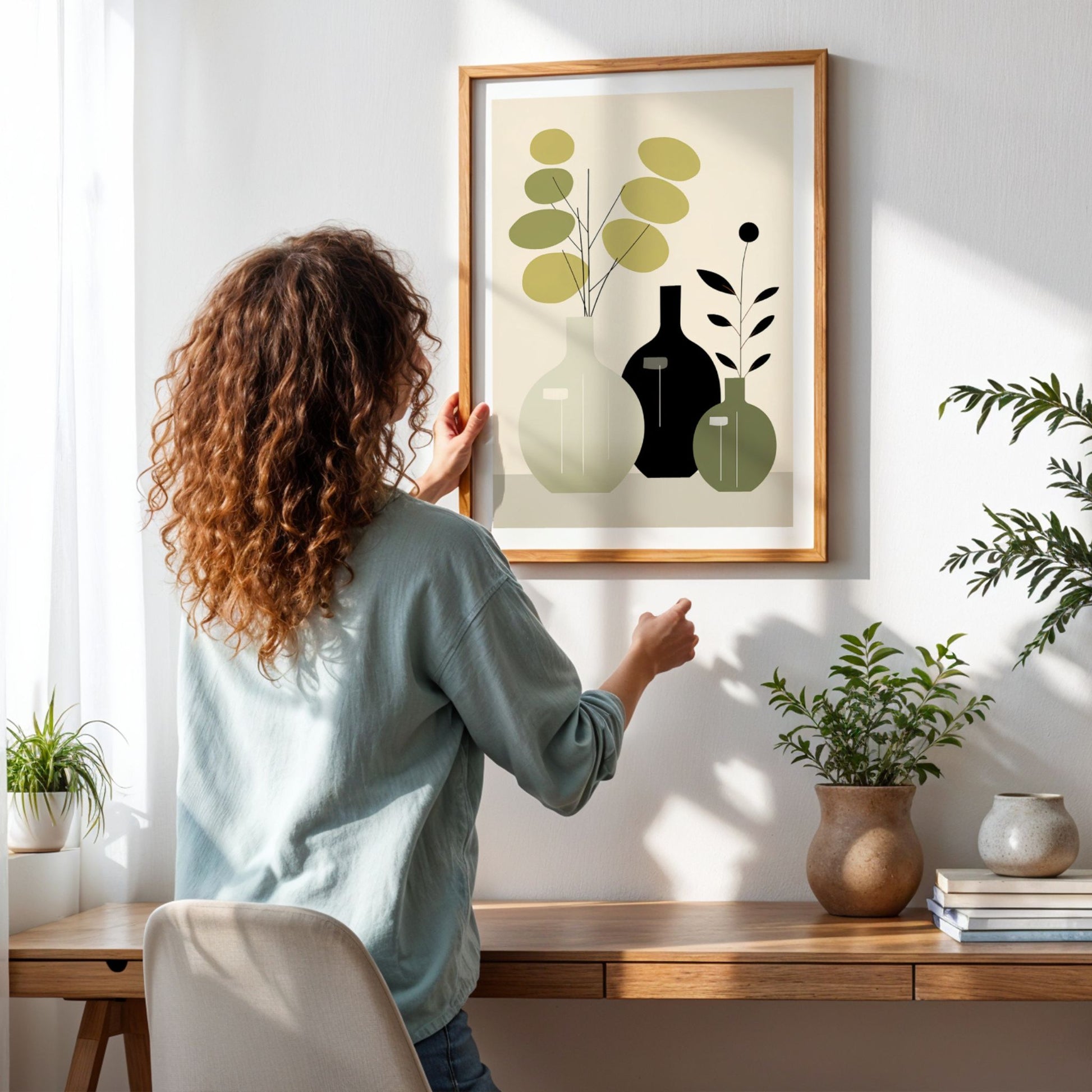 Quiet Botanicals grafisk plakat i eikeramme med grønne kvister i lyst interiør