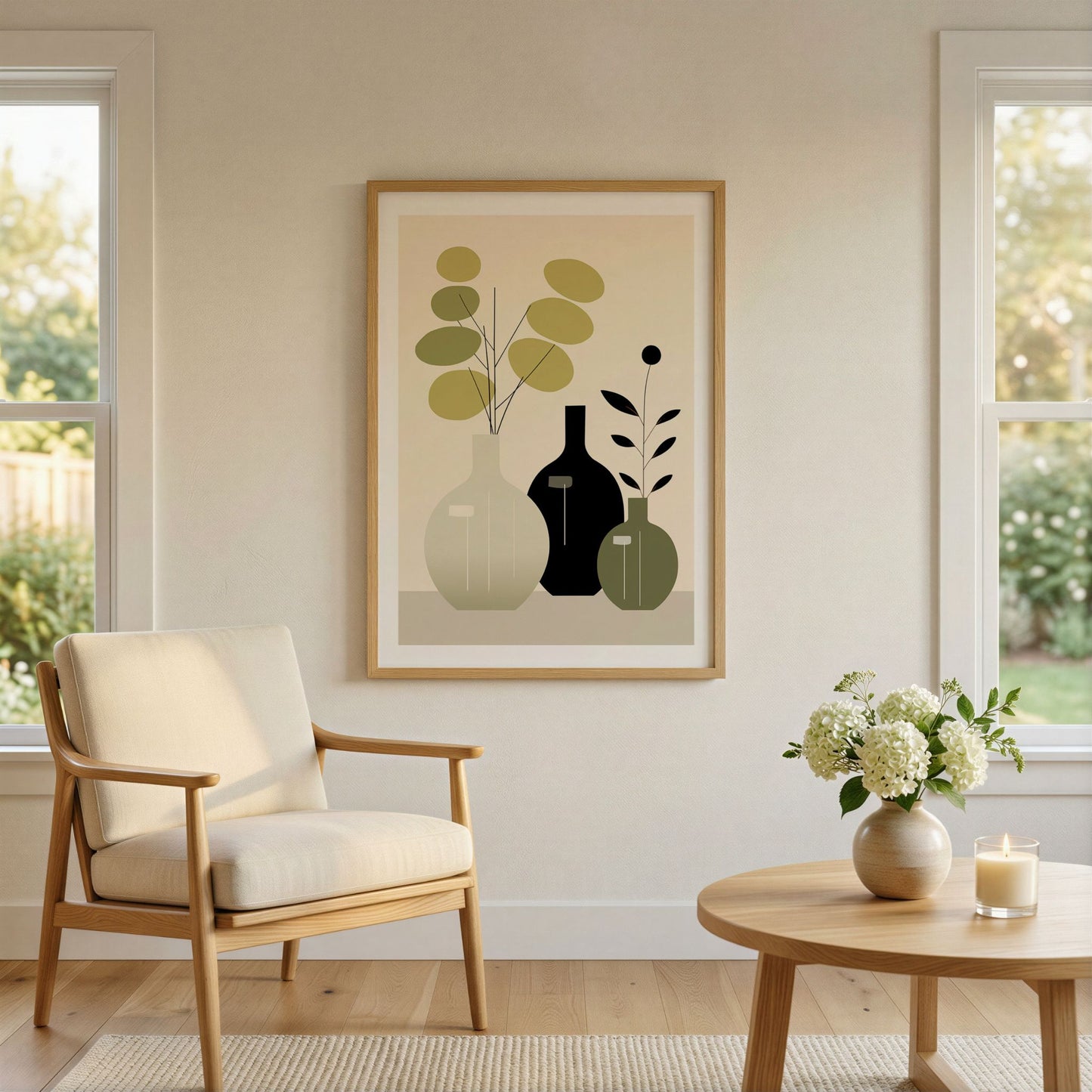 Quiet Botanicals minimalistisk botanisk plakat i lys stue med eik og naturfarger