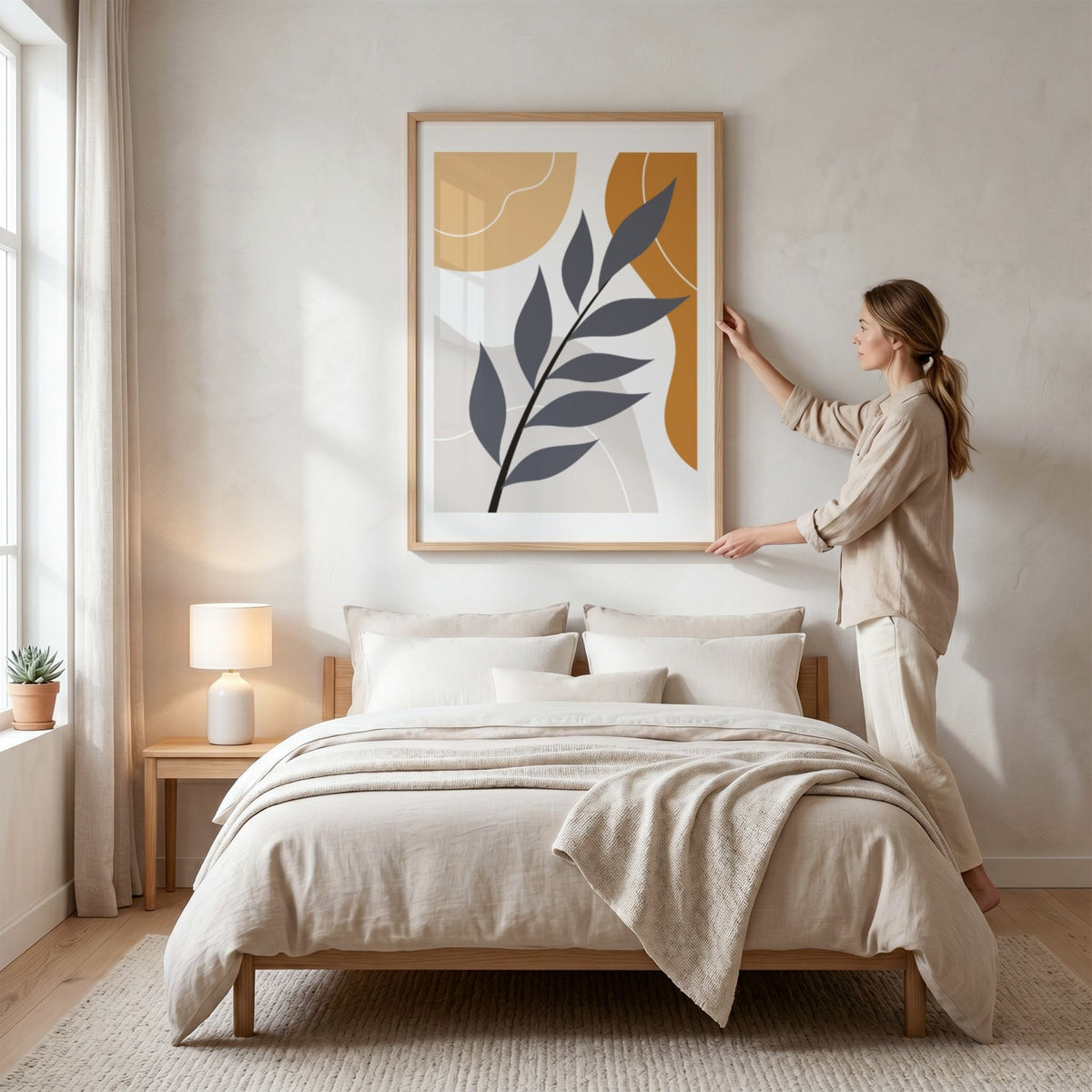 Quiet Branch Boho Wall Art-plakat med stilisert gren i eikeramme over seng