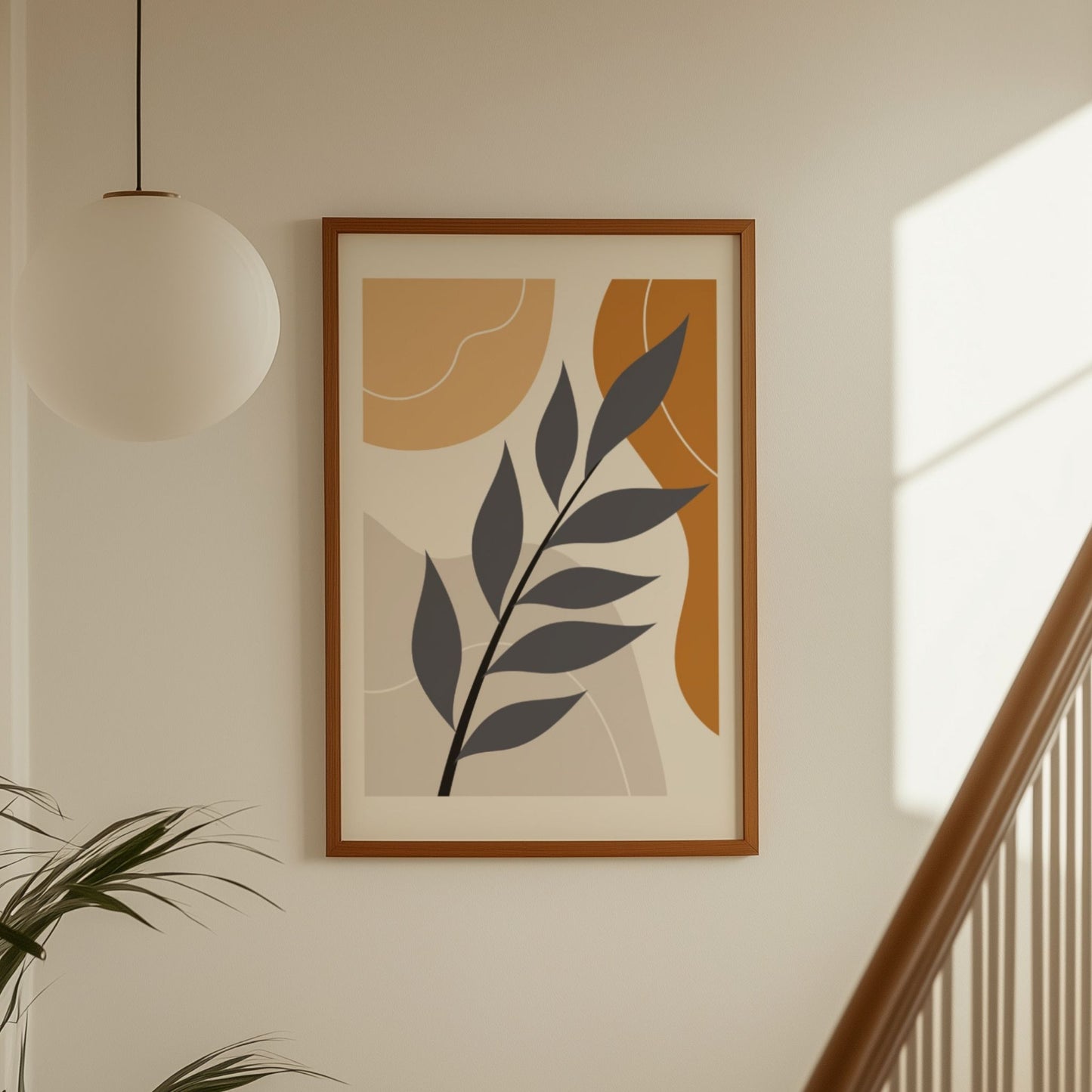 Quiet Branch grafisk botanisk plakat i jordtoner ved trapp i moderne interiør
