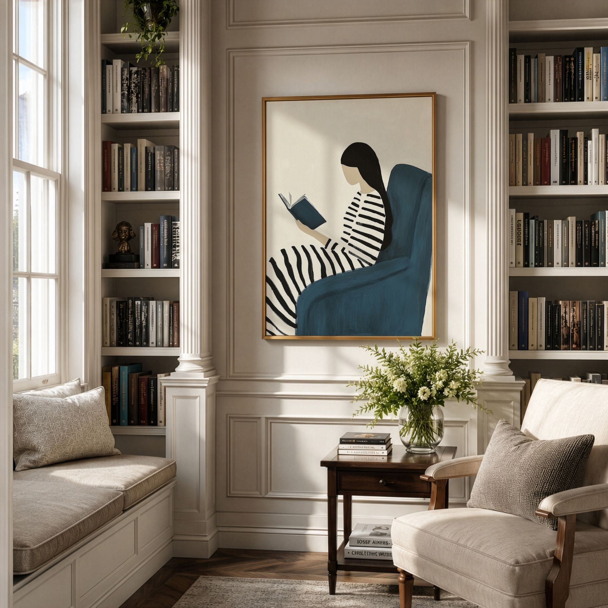 Quiet Chapter bokplakat innrammet i klassisk bibliotek