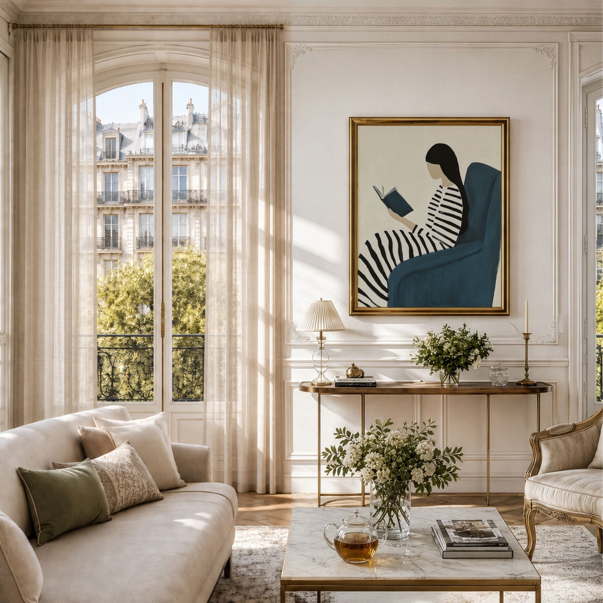 Quiet Chapter kunstplakat i lys klassisk stue med store vinduer
