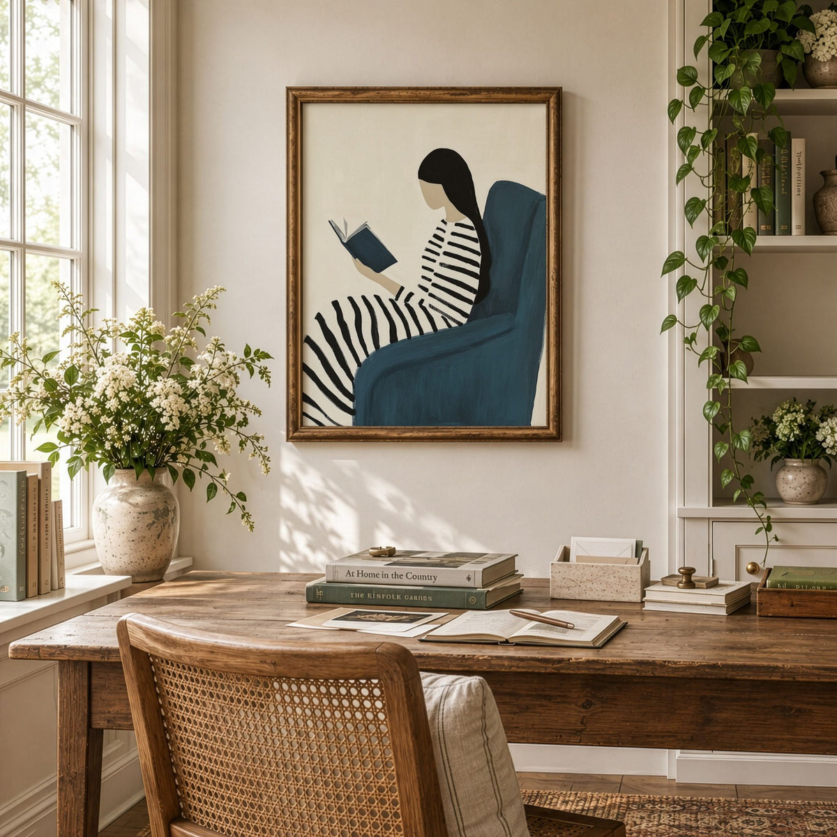 Quiet Chapter kunstplakat over skrivebord i varm lesekrok med treverk