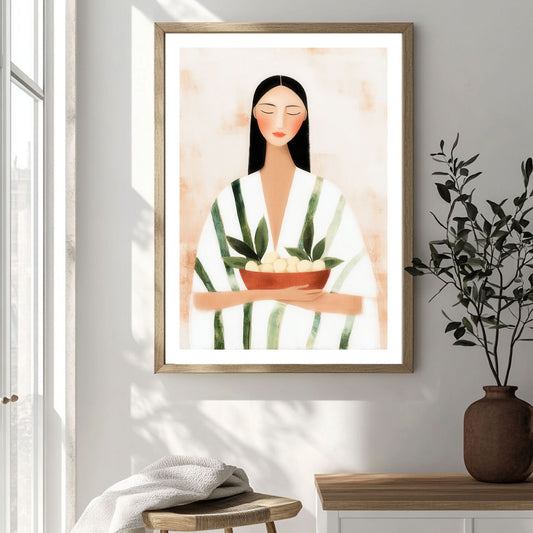 Quiet Figures – Gentle Offering plakat med hvit kant i rolig nordisk interiør med myke farger