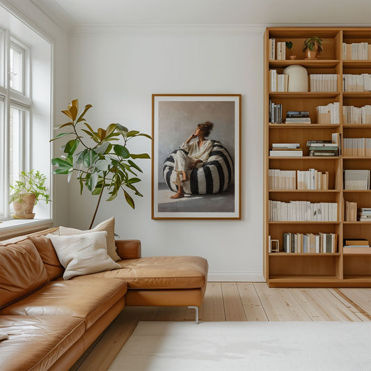 Quiet Figures – Still Within plakat med hvit kant i rolig stue med nordisk interiør