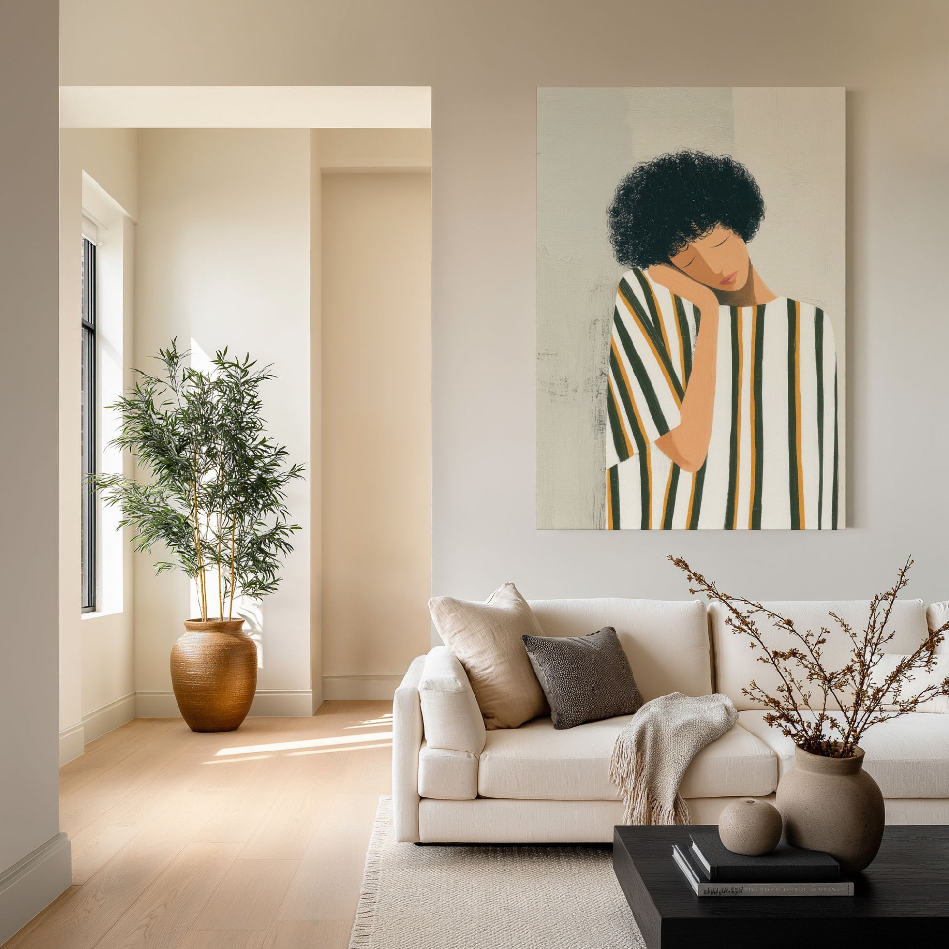 Quiet Figures – Soft Pause kunst på lerret i rolig nordisk interiør