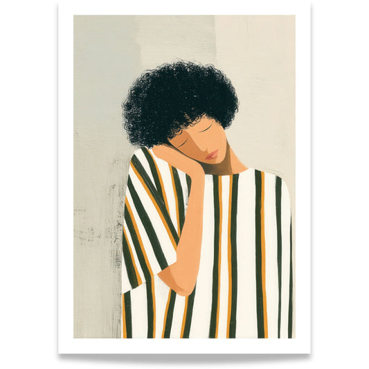 Rolig kunstmotiv med hvilende figur i dempede naturtoner fra serien Quiet Figures