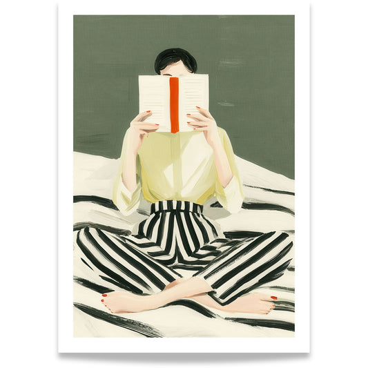 Rolig kunstplakat med lesende figur i dempede grøntoner fra serien Quiet Figures