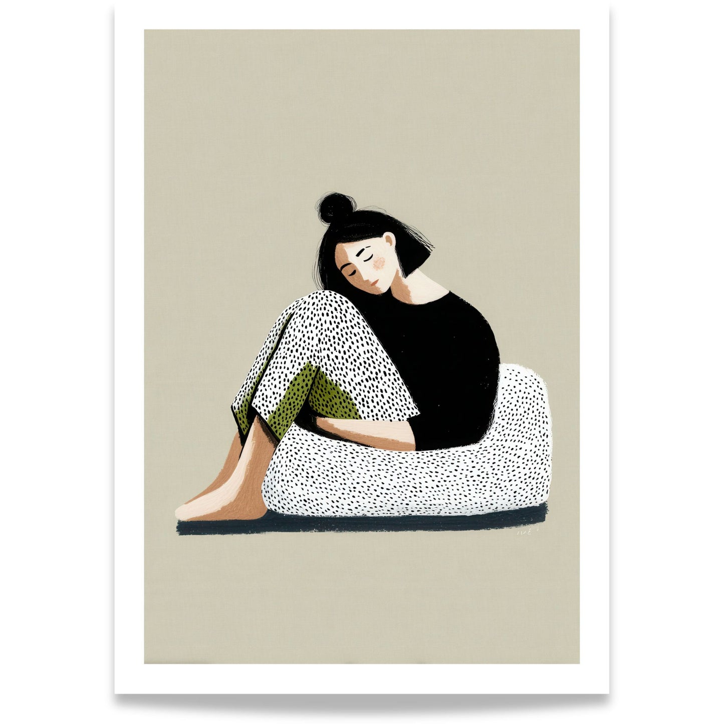 Rolig kunstplakat med sittende figur i myke beige- og grønntoner fra serien Quiet Figures