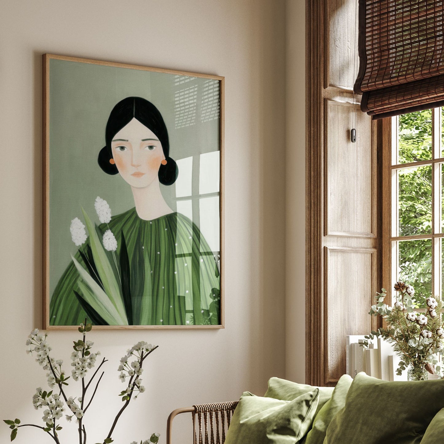 Illustrativ plakat av en kvinne i grønne toner med florale detaljer, del av serien Quiet Figures