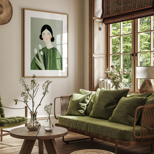 Illustrativ plakat av en kvinne i grønne toner med florale detaljer, del av serien Quiet Figures