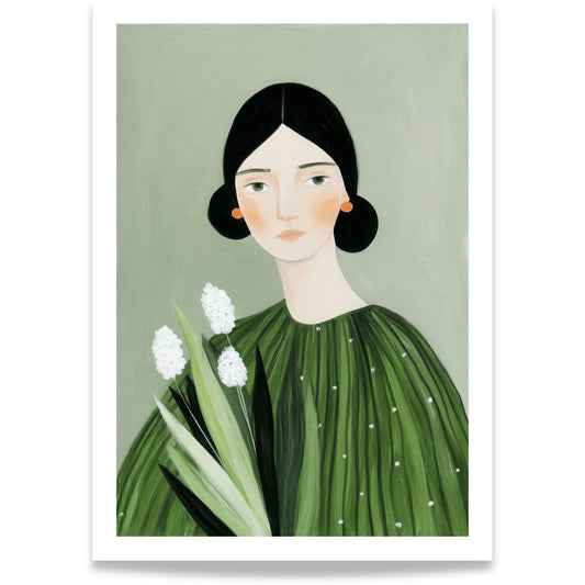 Illustrativ plakat av en kvinne i grønne toner med florale detaljer, del av serien Quiet Figures