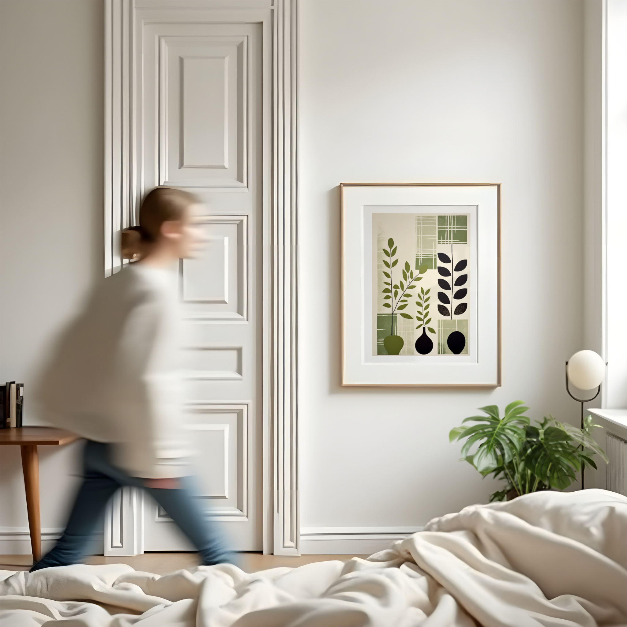 Quiet Geometry botanisk plakat i grønt og beige i lyst skandinavisk interiør