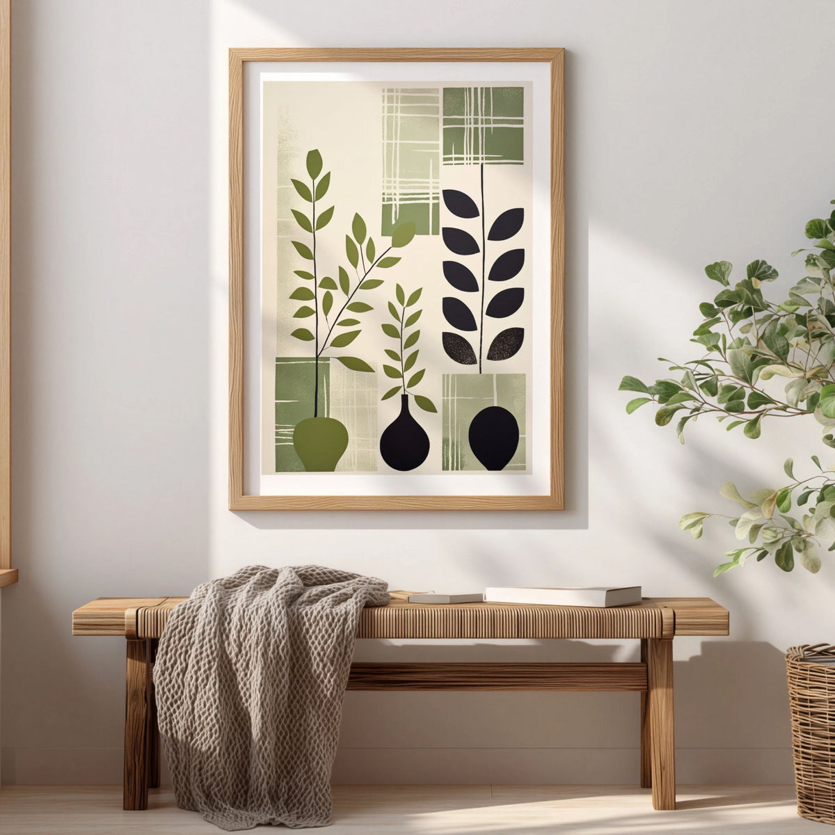 Quiet Geometry plakat i eikeramme over trebenk i lyst og naturinspirert interiør