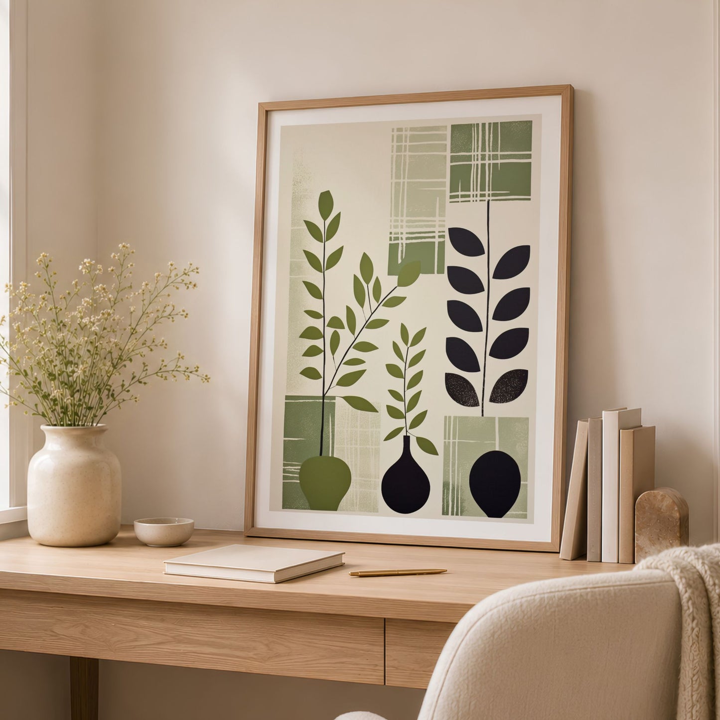 Quiet Geometry grafisk plakat med hvit kant vist som kunsttrykk i olivengrønne, kremfargede og sorte toner
