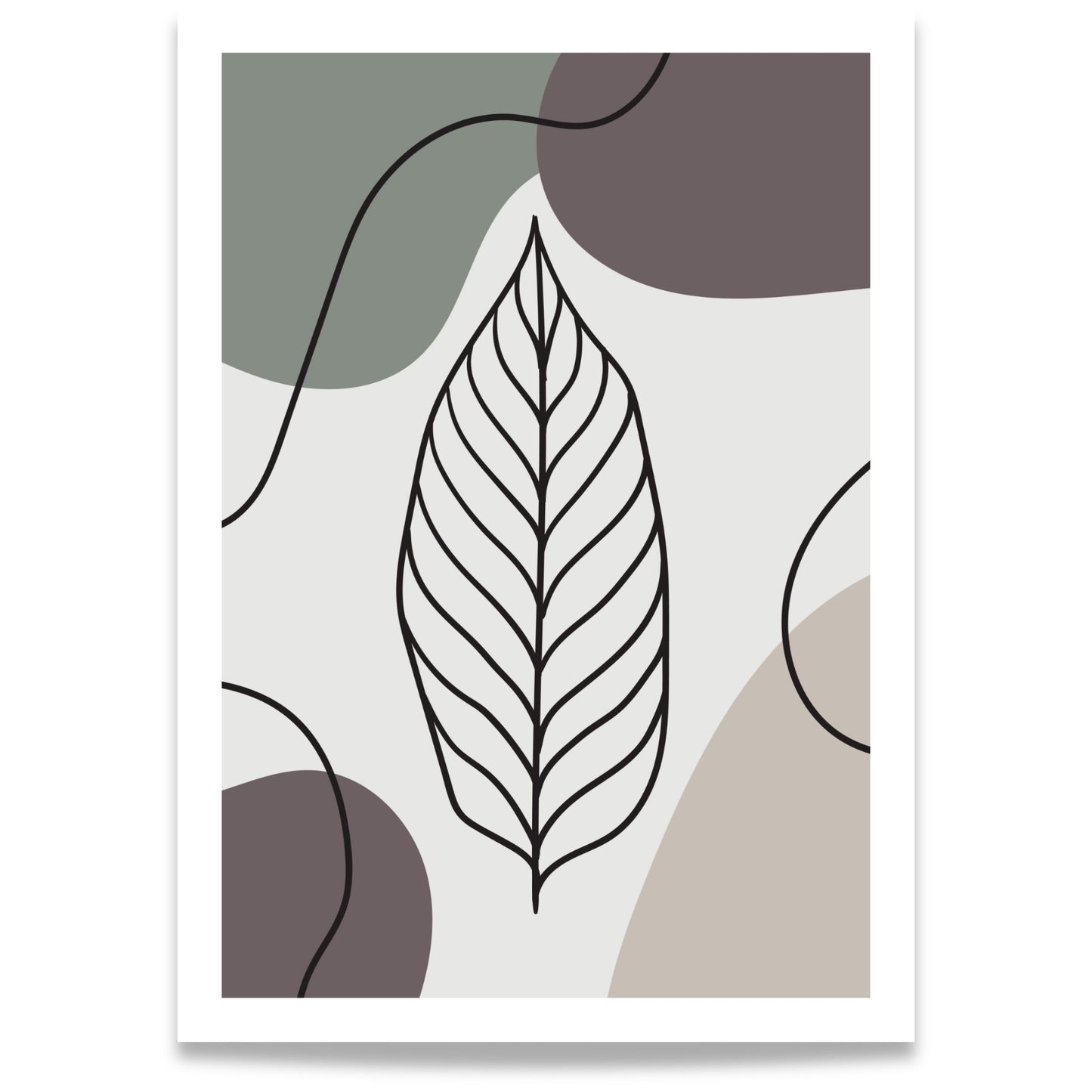 Quiet Leaf botanisk plakat med grafisk bladmotiv i dempede naturtoner