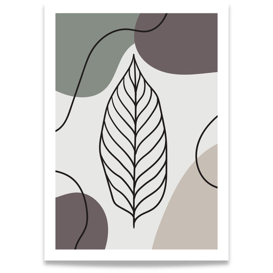Quiet Leaf botanisk plakat med grafisk bladmotiv i dempede naturtoner