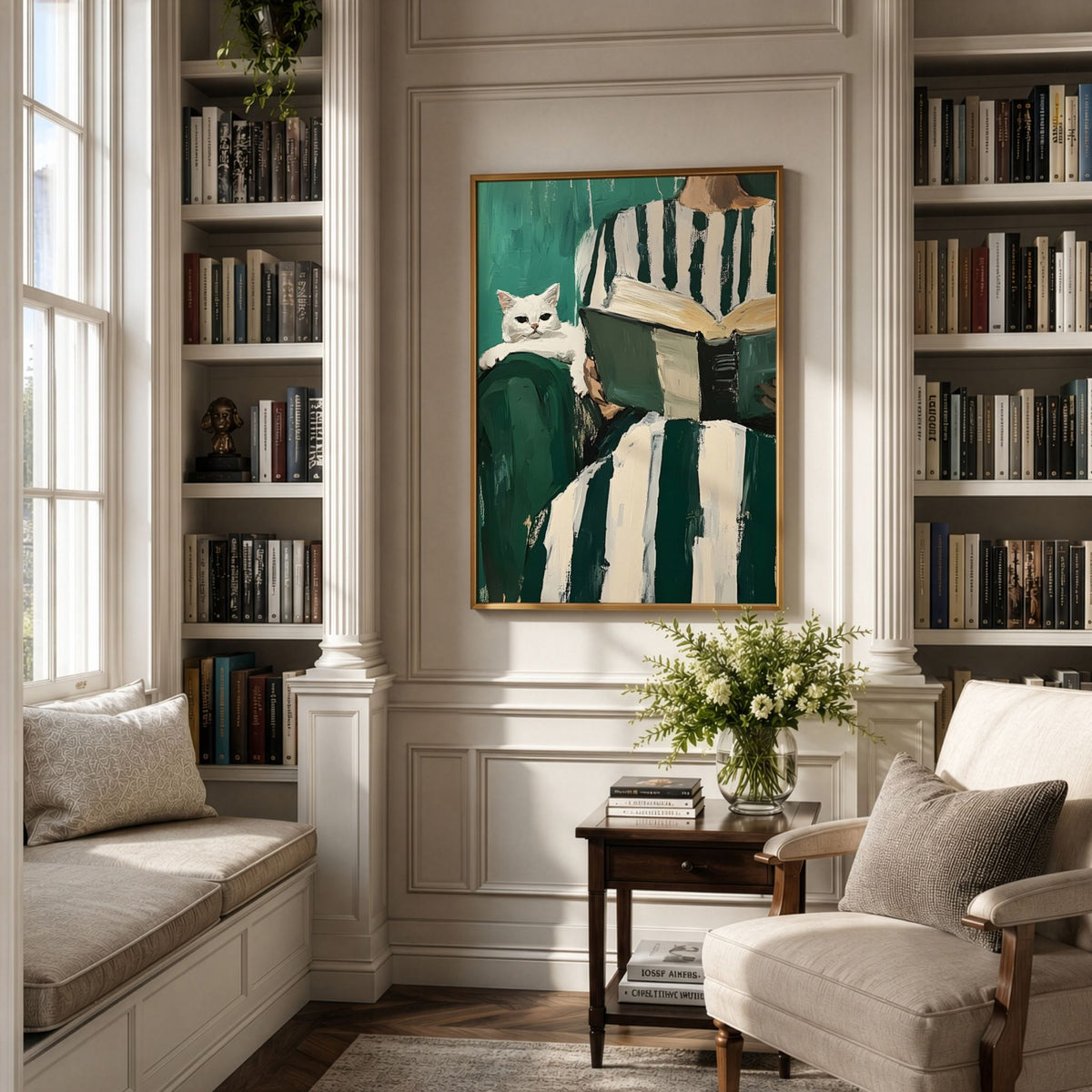 Reading Companion kunstplakat innrammet i klassisk bibliotek
