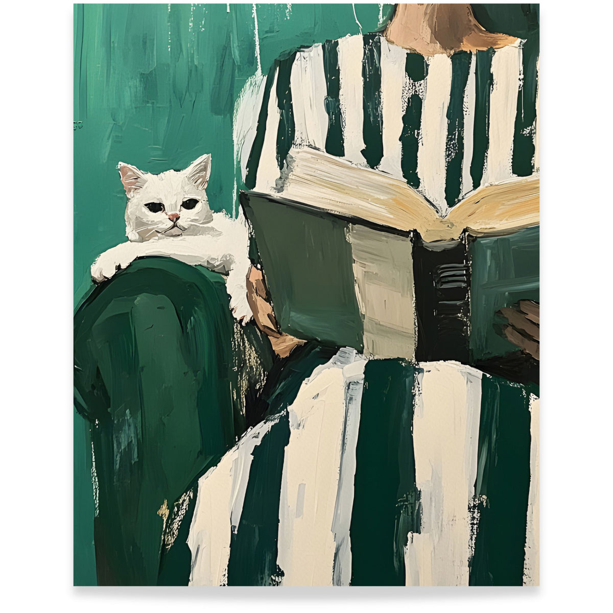 Reading Companion kunstplakat med lesende person og hvit katt i grønne toner, Format 40x50