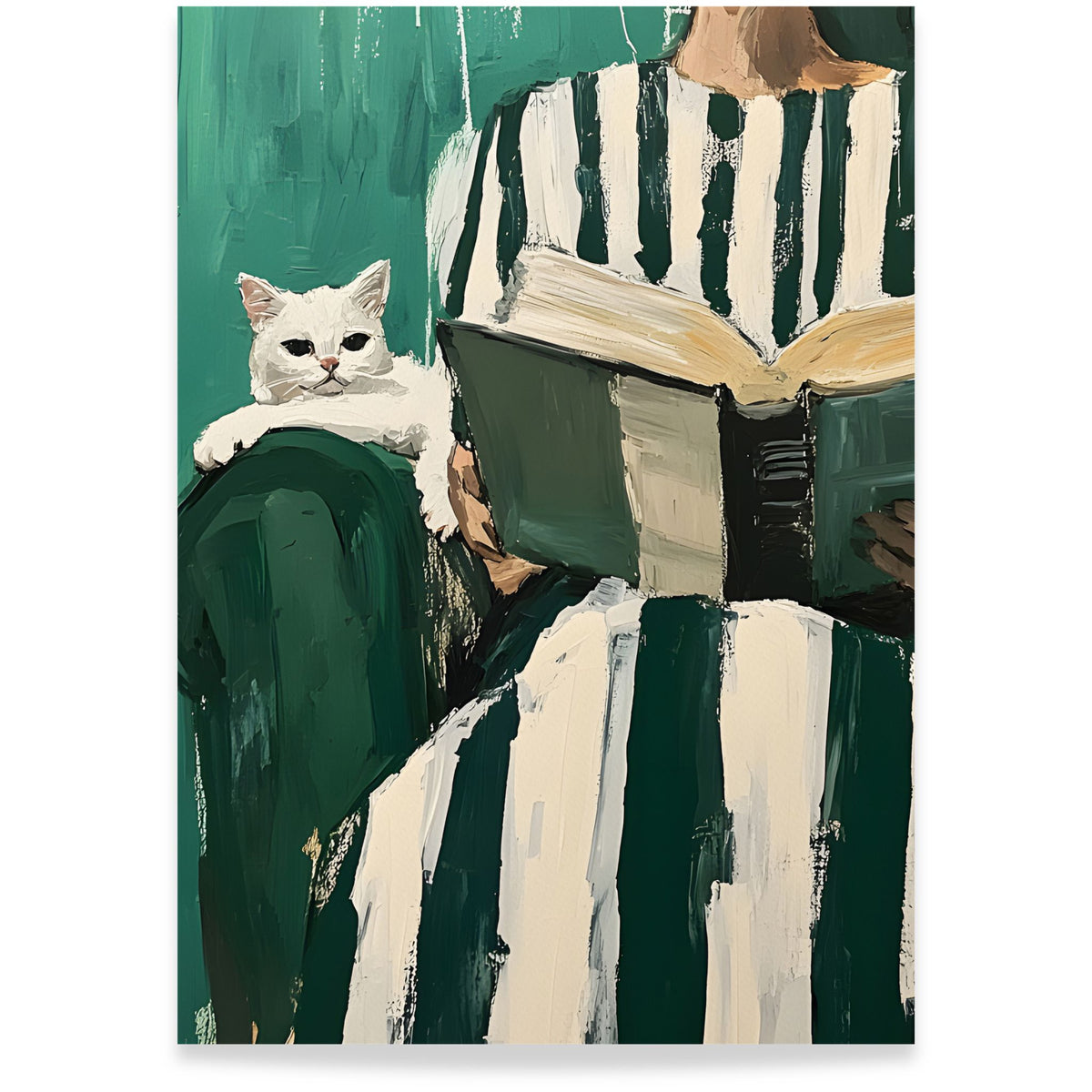 Reading Companion kunstplakat med lesende person og hvit katt i grønne toner