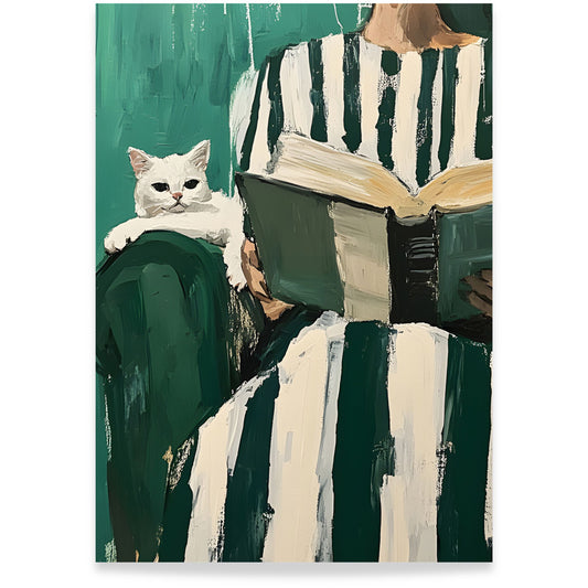 Reading Companion kunstplakat med lesende person og hvit katt i grønne toner