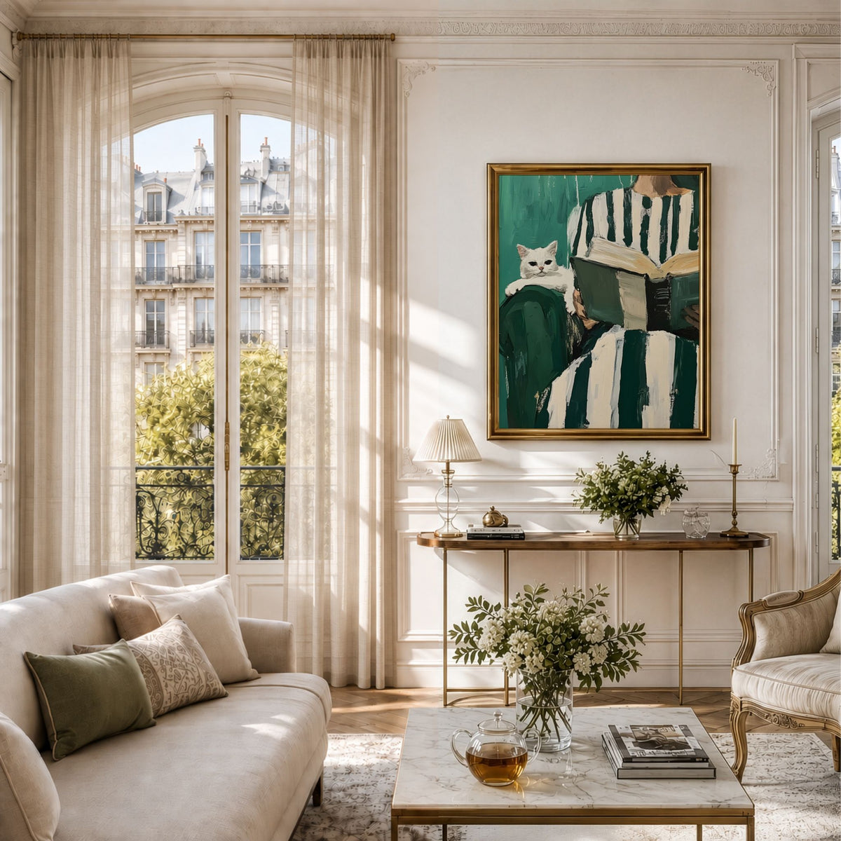Reading Companion kunstplakat i lys klassisk stue med store vinduer
