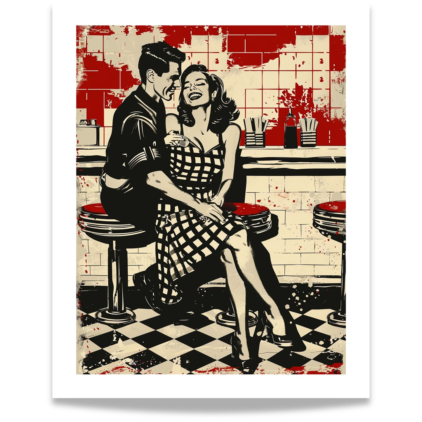 Vintage plakat i retro 50-talls diner-stil med smilende par på barstoler. 40x50 med hvit kantlinje.