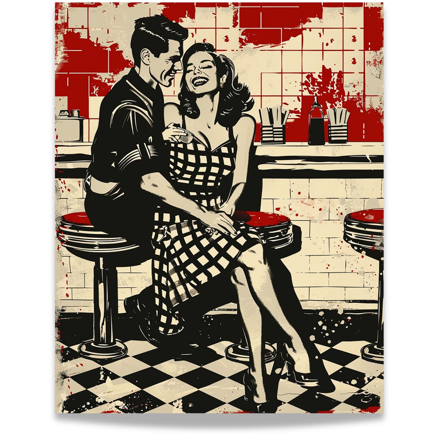 Vintage plakat i retro 50-talls diner-stil med smilende par på barstoler. 40x50 uten hvit kantlinje.